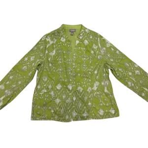 CHICO'S Green White Open Cardigan Shacket Pockets Ikat Women's Size 3 LARGE